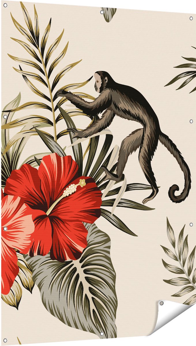 Gards Tuinposter Tropische Bloemen met Apen Achtergrond - 100x150 cm - Tuindoek - Tuindecoratie - Wanddecoratie buiten - Tuinschilderij Multikleur