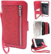iPhone 7 / 8 / SE (2020 & 2022) Rode Glitter Wallet / Book Case / Boekhoesje/ Telefoonhoesje met rits en hoesjeswebstylus