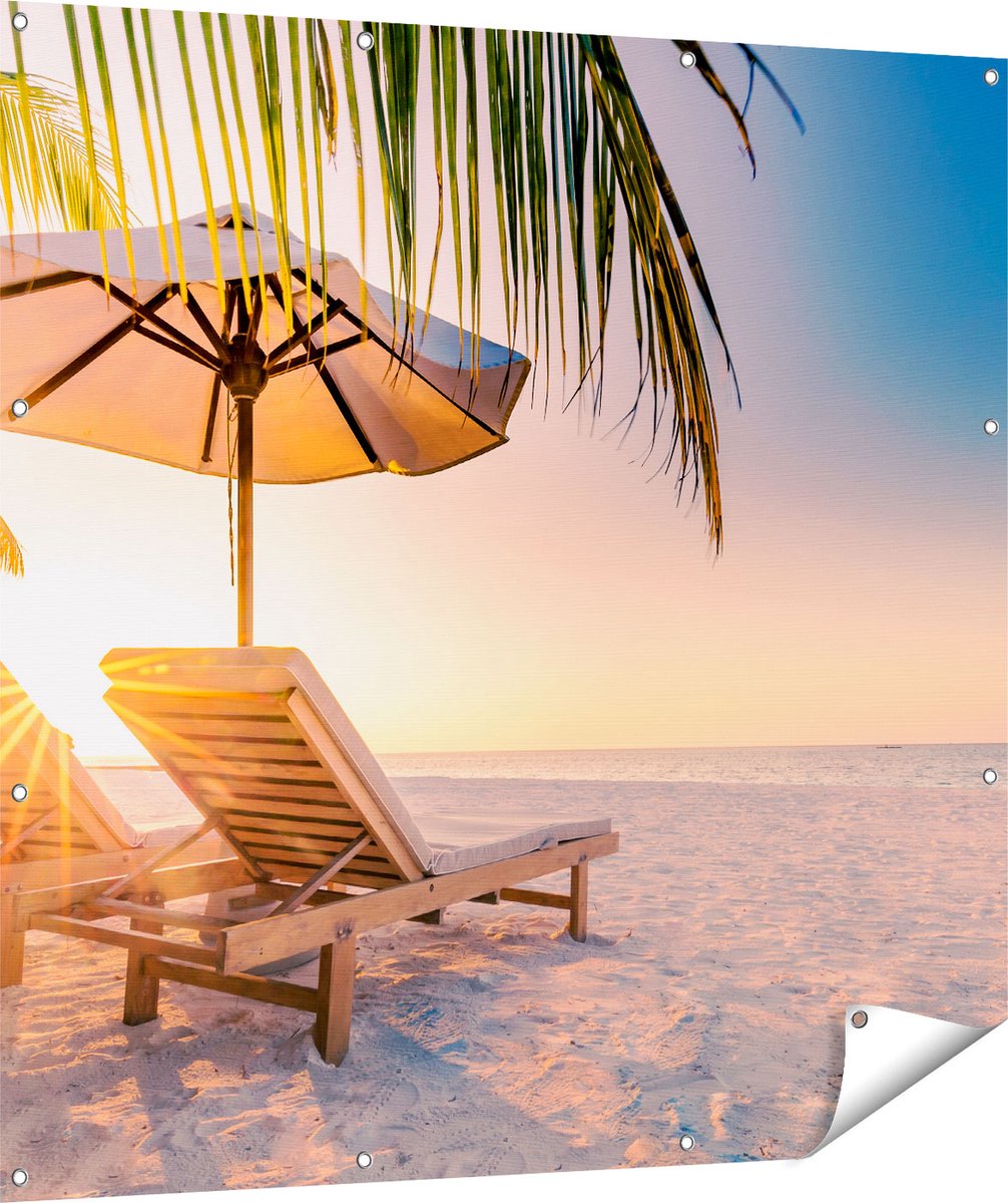 Gards Tuinposter Tropisch Strand tijdens Zonsondergang - 120x120 cm - Tuindoek - Tuindecoratie - Wanddecoratie buiten - Tuinschilderij Multikleur
