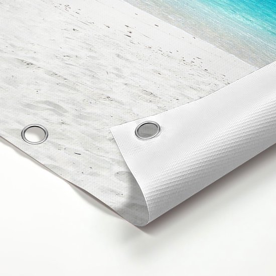 Gards Tuinposter Tropisch Strand met een Palmboom - 100x50 cm - Tuindoek - Tuindecoratie - Wanddecoratie buiten - Tuinschilderij