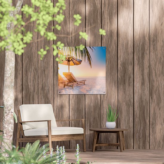 Gards Affiche de jardin Plage tropicale au coucher du soleil - 60x60 cm - Toile jardin - Décoration de jardin - Décoration murale extérieur - Tableau jardin