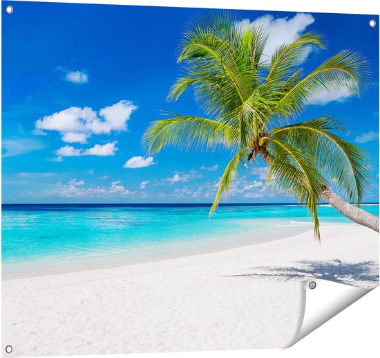 Gards Tuinposter Tropisch Strand met een Palmboom - 100x80 cm - Tuindoek - Tuindecoratie - Wanddecoratie buiten - Tuinschilderij