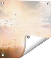 Gards Tuinposter Silhouet Vogels tijdens Zonsopkomst - 40x40 cm - Tuindoek - Tuindecoratie - Wanddecoratie buiten - Tuinschilderij