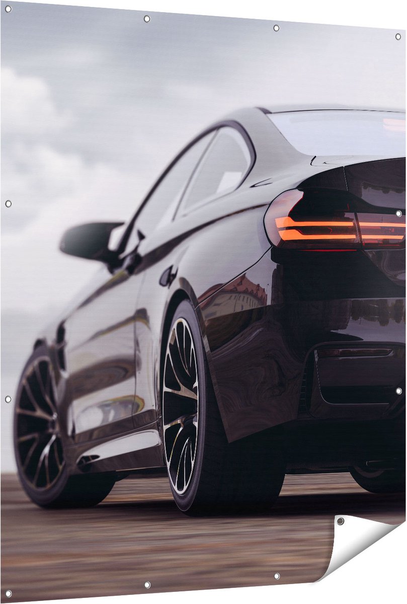 Gards Tuinposter Zwarte Sportwagen Auto van Achter - 120x150 cm - Tuindoek - Tuindecoratie - Wanddecoratie buiten - Tuinschilderij Multikleur