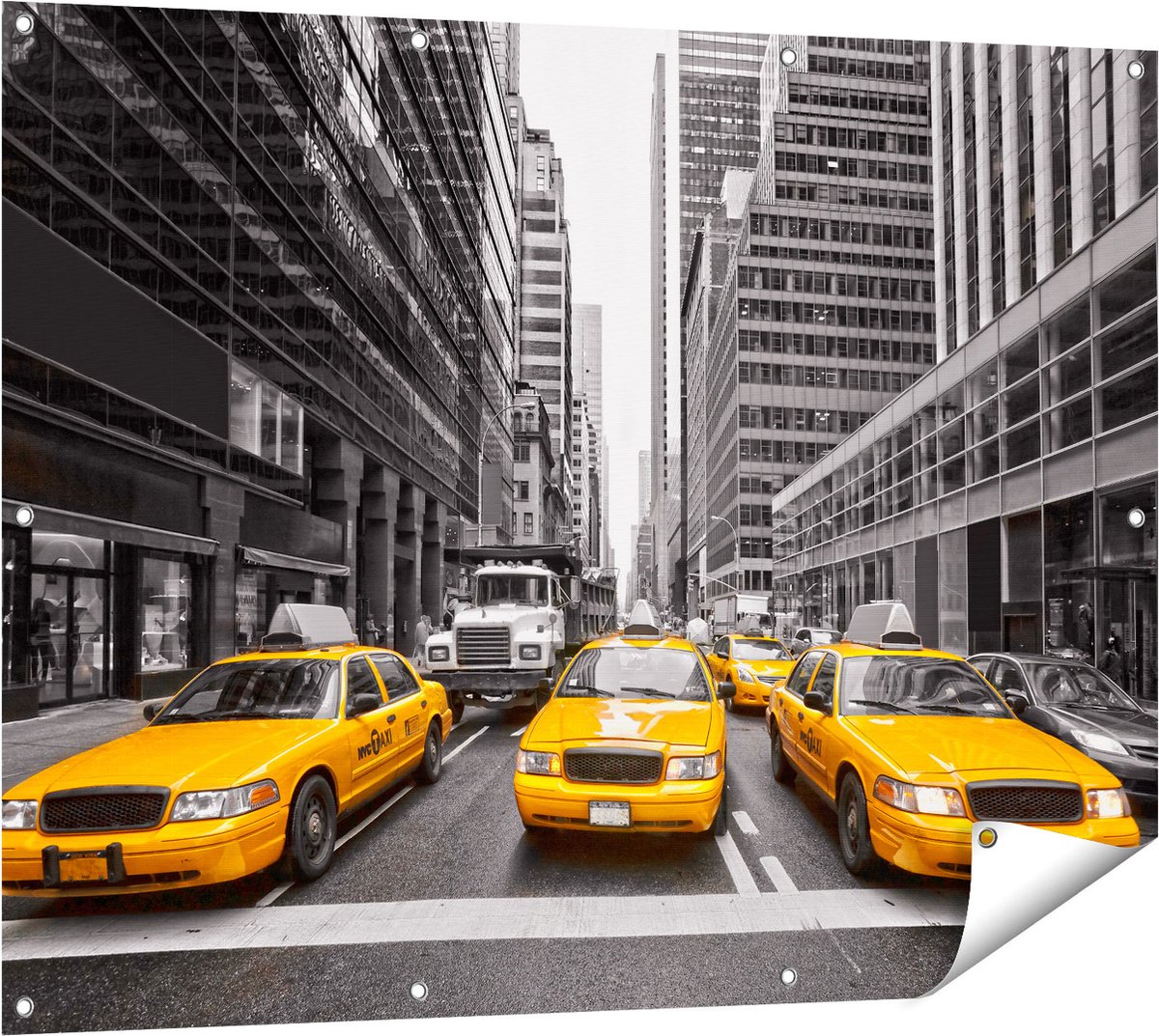 Gards Tuinposter New York Gele Taxi's - Zwart Wit - 120x90 cm - Tuindoek - Tuindecoratie - Wanddecoratie buiten - Tuinschilderij Multikleur