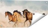 Gards Tuinposter Drie Bruine Paarden - 60x30 cm - Tuindoek - Tuindecoratie - Wanddecoratie buiten - Tuinschilderij