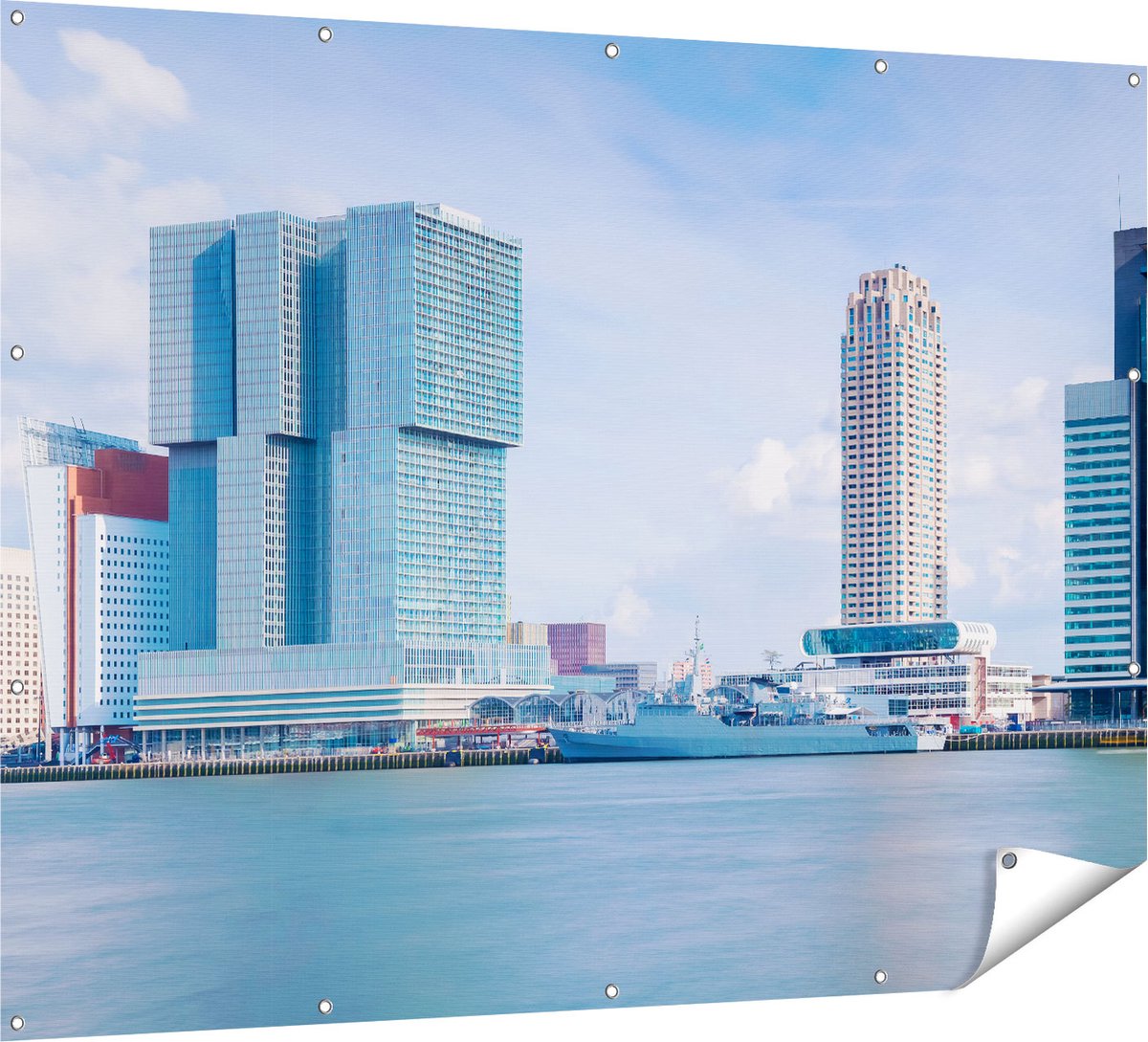 Gards Tuinposter Rotterdamse Skyline aan het Water - 160x120 cm - Tuindoek - Tuindecoratie - Wanddecoratie buiten - Tuinschilderij Multikleur