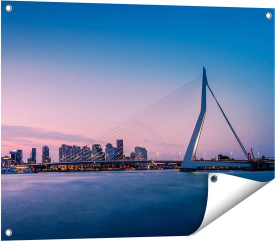 Gards Tuinposter Erasmusbrug in Rotterdam met Zonsondergang - 80x60 cm - Tuindoek - Tuindecoratie - Wanddecoratie buiten - Tuinschilderij