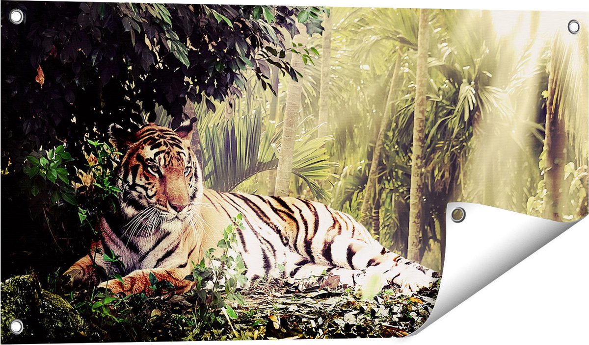 Gards Tuinposter Tijger in de Jungle met Zonneschijn - 80x40 cm - Tuindoek - Tuindecoratie - Wanddecoratie buiten - Tuinschilderij Multikleur