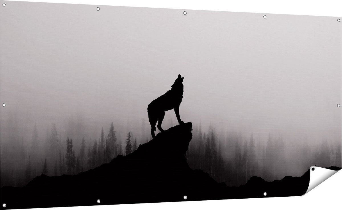 Gards Tuinposter Silhouet van een Huilende Wolf - Abstract - 200x100 cm - Tuindoek - Tuindecoratie - Wanddecoratie buiten - Tuinschilderij Multikleur