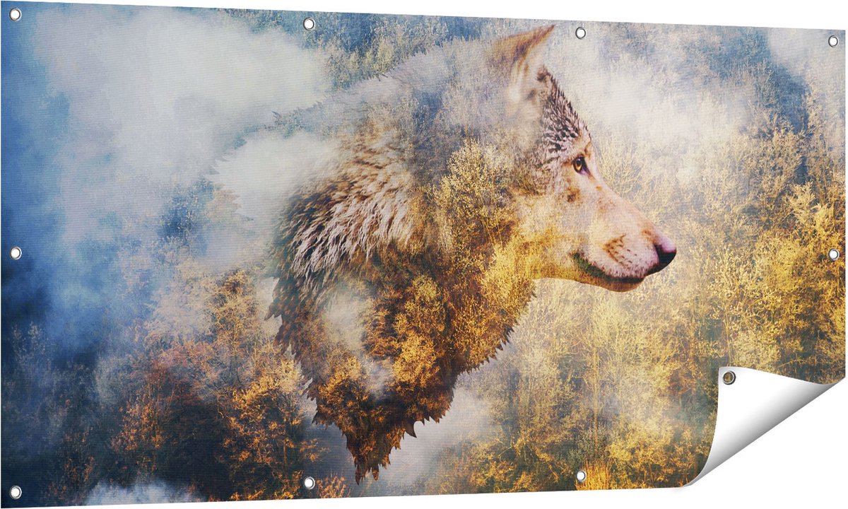 Gards Tuinposter Wolvenkop op een Herfstbos - Wolf - Abstract - 140x70 cm - Tuindoek - Tuindecoratie - Wanddecoratie buiten - Tuinschilderij Multikleur