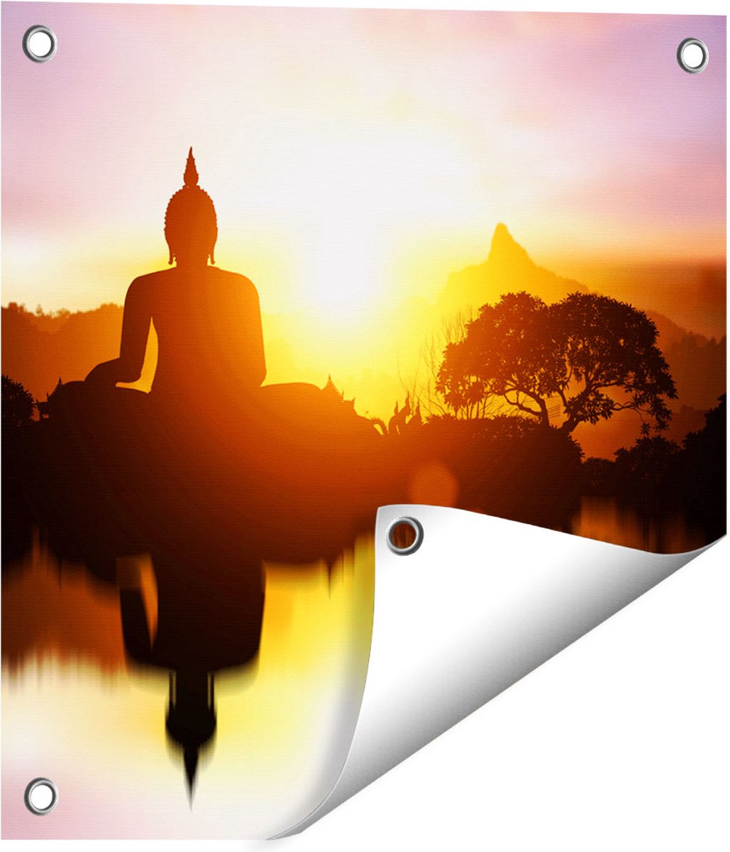 Gards Tuinposter Silhouet van Boeddha Beeld met Zonsondergang - 40x40 cm - Tuindoek - Tuindecoratie - Wanddecoratie buiten - Tuinschilderij Multikleur