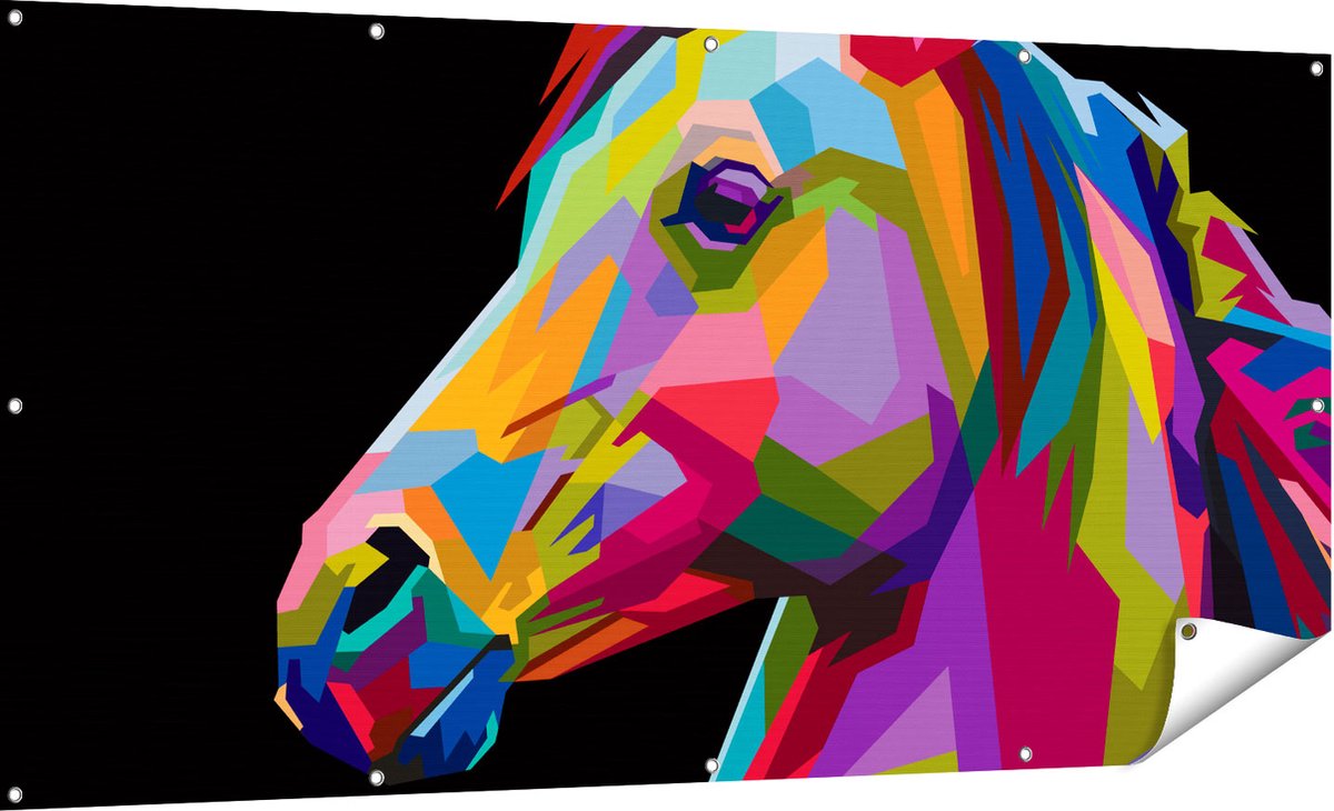 Gards Tuinposter Kleurrijke Paardenkop - Paard - Abstract - 180x90 cm - Tuindoek - Tuindecoratie - Wanddecoratie buiten - Tuinschilderij Multikleur
