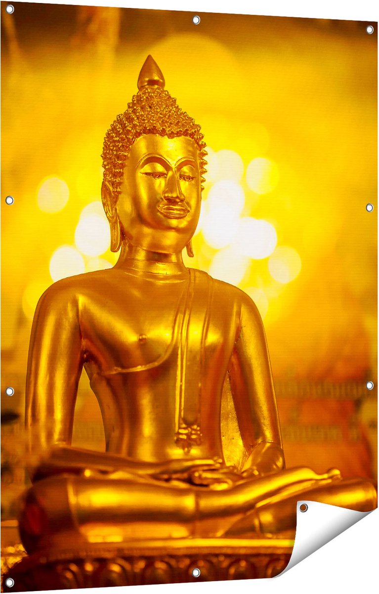 Gards Tuinposter Gouden Boeddha Beeld - 90x120 cm - Tuindoek - Tuindecoratie - Wanddecoratie buiten - Tuinschilderij Multikleur