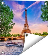 Gards Tuinposter Eiffeltoren in Parijs aan het Water - Kleur - 40x40 cm - Tuindoek - Tuindecoratie - Wanddecoratie buiten - Tuinschilderij