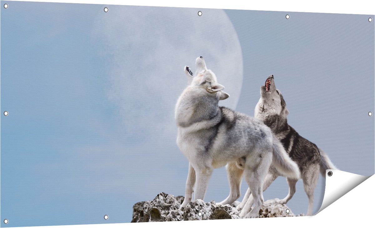 Gards Tuinposter Twee Wolven Die Huilen tijdens Volle Maan - 160x80 cm - Tuindoek - Tuindecoratie - Wanddecoratie buiten - Tuinschilderij Multikleur