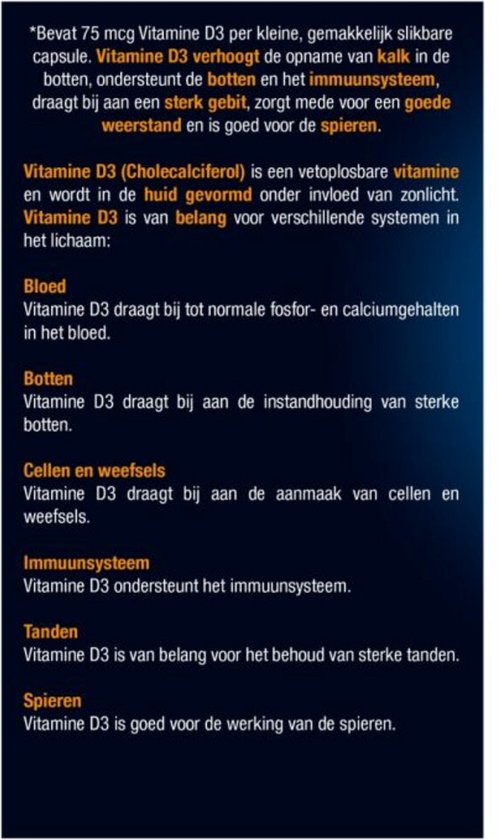 Gedetailleerde productinformatie over vitamine D3 van Lucovitaal, gericht op botten, tanden, weerstand en spieren.