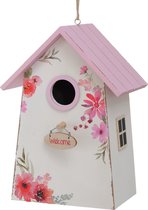Vogelhuisje Rosella wit met roze dakje en bloemen