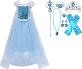 Prinsessenjurk meisje - Prinsessen speelgoed - Luxe Verkleedjurk - maat 110/116 (120) - Tiara - Kroon - Toverstaf - Lange Handschoenen - Juwelen - Verkleedkleren - Prinsessen Verkleedkleding - Carnavalskleding Kinderen - Blauw - Cadeau Meisje