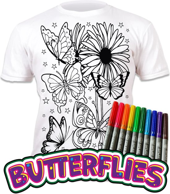 Splat T- shirt - Kleur telkens opnieuw je mooie T shirt - Vlinders - vlindertuin - 7-8 Jaar