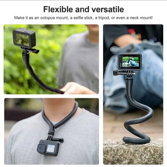 Une GoPro est fixée à un support flexible utilisé comme perche à selfie, support octopus ou tour de cou.