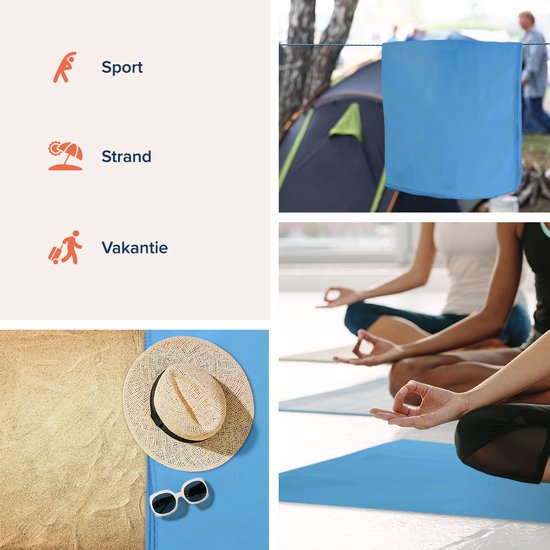 Collage: Blauwe handdoek bij een tent, vrouwen doen yoga op blauwe matten, zand met strandlaken en zonnebril.