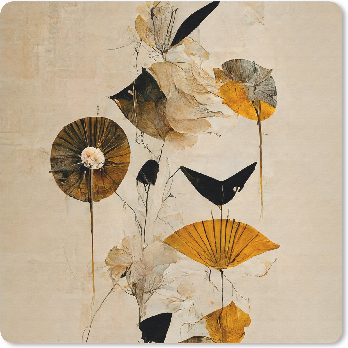 Muismat 20x20 cm - Mousepad Bloemen - Vintage - Planten - Goud - Muismatten
