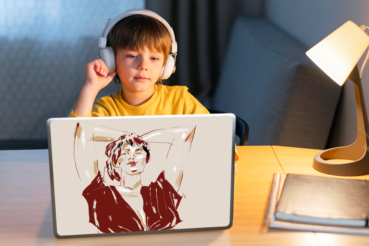 Laptop sticker - 14 inch - Portret - Vrouw - Rood - Abstract - 32x5x23x5cm - Laptopstickers - Laptop skin - Cover