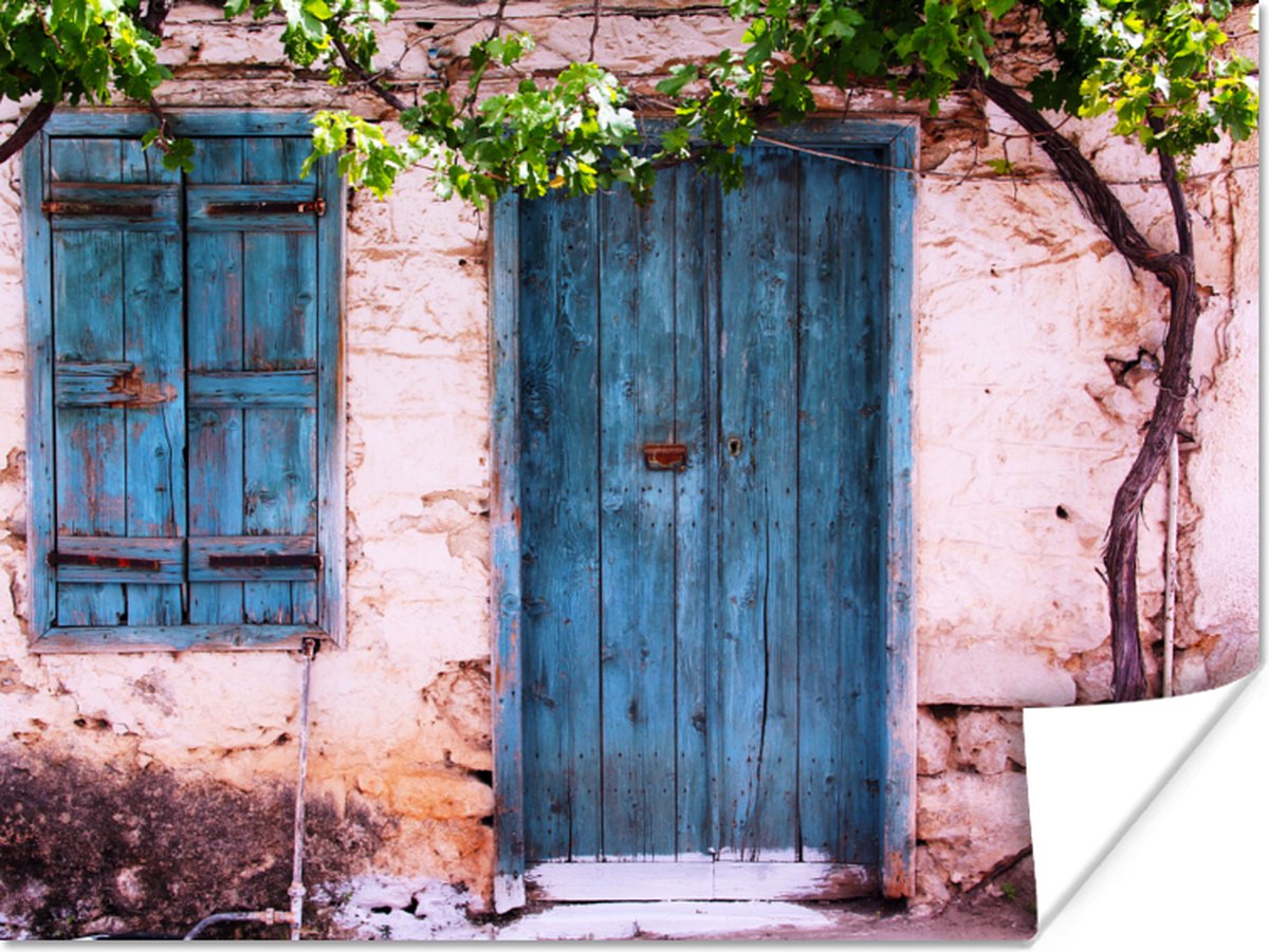 Vintage - Deur - Huis - Blauw - Boom