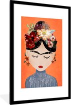 Fotolijst incl. Poster - Portret - Frida Kahlo - Oranje - Vrouw - Bloemen - 60x90 cm - Posterlijst