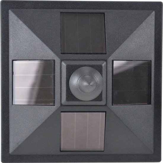 Zwart vierkant zonnepaneel met 5 zonnepanelen en een sensor in het midden.