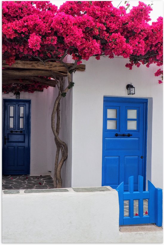 Poster Glanzend – Blauwe Deur met Roze Bloemen met Wit Huisje - 70x105 cm Foto op Posterpapier met Glanzende Afwerking