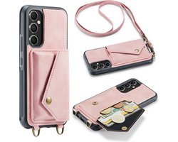 Casemania Hoesje Geschikt voor Samsung Galaxy S23 Plus - Pale Pink - Luxe Backcover met Koord en Magnetische Sluiting - Portemonnee Wallet Case met Pasjeshouder en Opbergvak - Lanyard Telefoonhoes - Cord Case