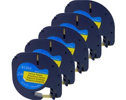 DULA - Dymo LetraTag 91202 - S0721620 - Label Tape - Zwart op Geel plastic - 12mm x 4m - 5 Stuks