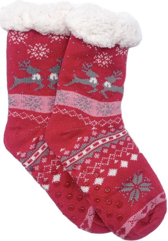 Merino Wollen sokken - Rood met Hartjes - maat 35/38 - Huissokken - Antislip sokken - Warme sokken – Winter sokken