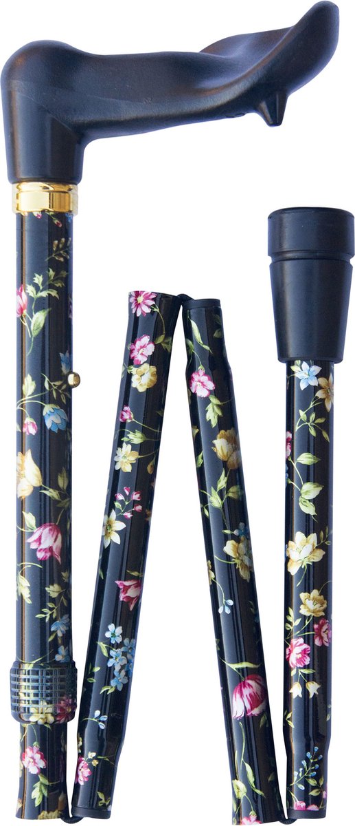 Classic Canes Opvouwbare wandelstok - Zwart - Bloemen - Rechtshandig - Ergonomisch handvat - Verstelbaar - Lengte 80 - 90 cm - Aluminium - Gewicht 430 gram - Diameter wandelstok 19 mm - Wandelstokken - Heren en dames - Inklapbare wandelstok