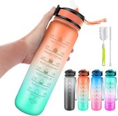 Tritan 1 liter lekvrije BPA-vrije waterfles met motiverende tijdmarkering en rietje, zodat je genoeg water drinkt, fitness, outdoor, sportschool, sport, oranje, groen kleurverloop