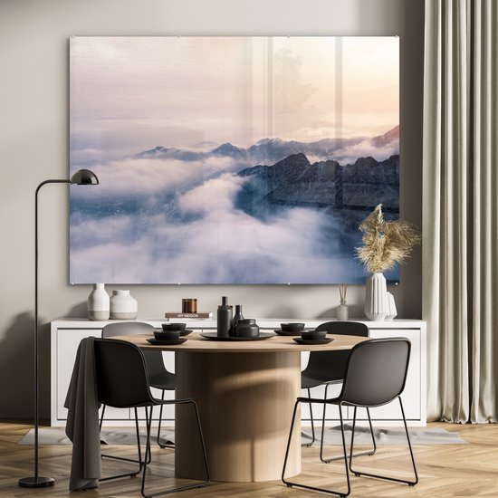 MuchoWow® Peinture sur verre 160x120 cm - Peinture sur verre acrylique - Le brouillard passe sur une chaîne de montagnes - Photo sur verre - Peintures