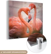 MuchoWow® Glasschilderij 90x90 cm - Schilderij acrylglas - Flamingo's die met hun nek een hart vormen - Foto op glas - Schilderijen