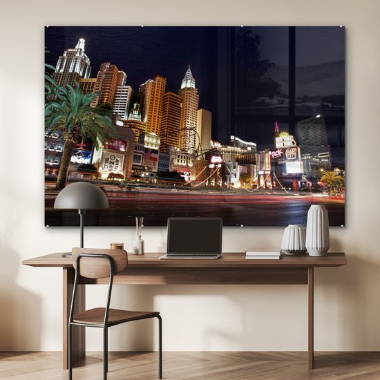 ® Glasschilderij 150x100 cm - Schilderij acrylglas - Strip - Las Vegas - Straat - Foto op glas - Muurdecoratie woonkamer - Wanddecoratie slaapkamer - Schilderijen