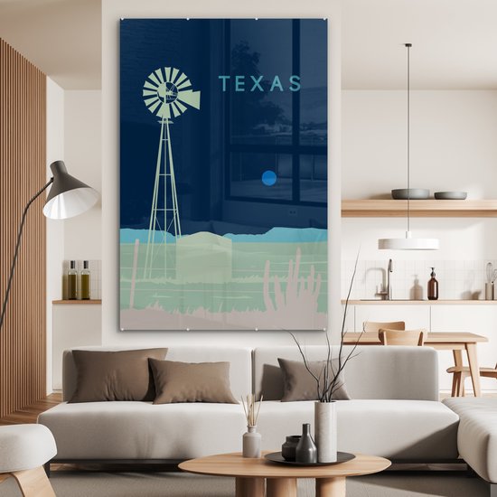 MuchoWow® Peinture sur verre 120x180 cm - Peinture sur verre acrylique - Moulin à vent - Texas - USA - Illustration - Amérique - Photo sur verre - Peintures