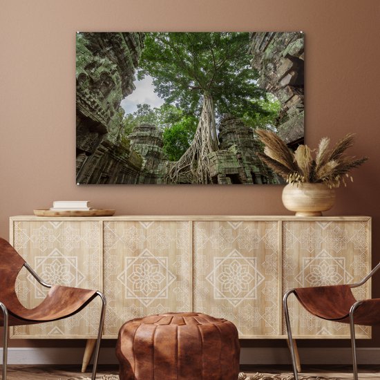 Peinture sur verre MuchoWow® 90x60 cm - Peinture acrylique sur verre - Temple Ta Prohm envahi par la végétation au Cambodge - Photo sur verre - Peintures