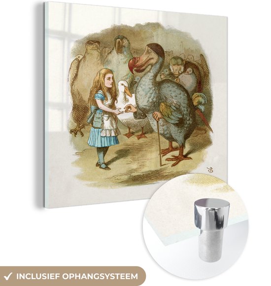 MuchoWow® Glasschilderij 90x90 cm - Schilderij acrylglas - Vintage illustratie Alice en de dodo - Foto op glas - Schilderijen