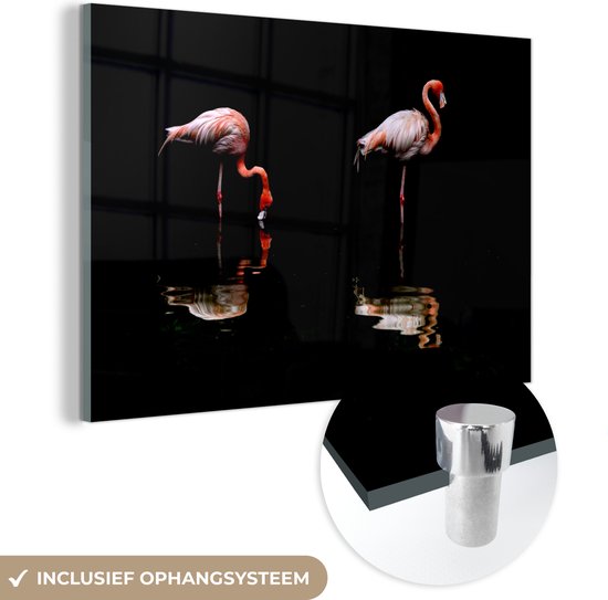 MuchoWow® Glasschilderij 150x100 cm - Schilderij acrylglas - Twee flamingo's staan in het water - Foto op glas - Schilderijen