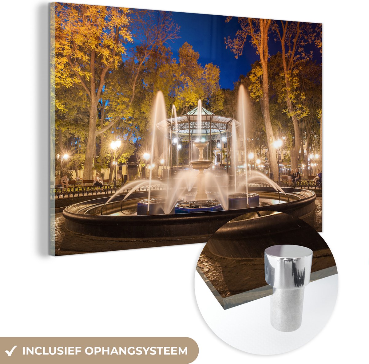 ® Glasschilderij 90x60 cm - Schilderij acrylglas - Schitterende fontein in de stadstuin va