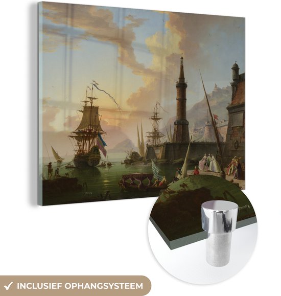 MuchoWow® Peinture sur verre 80x60 cm - Peinture acrylique sur verre - Un port maritime - Peinture de Claude Joseph Vernet - Photo sur verre - Peintures