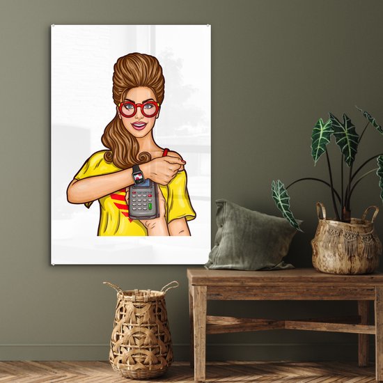 MuchoWow® Peinture sur verre - Femme Pop art avec calculatrice et montre - 60x90 cm - Peintures sur verre acrylique - Photo sur Glas