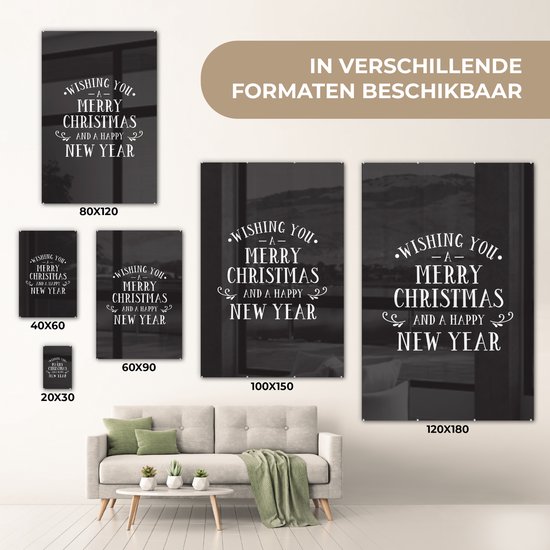 ® Glasschilderij 120x180 cm - Schilderij acrylglas - Kerst quote Wishing you a merry Christmas tegen een zwarte achtergrond - Foto op glas - Muurdecoratie woonkamer - Wanddecoratie slaapkamer - Schilderijen