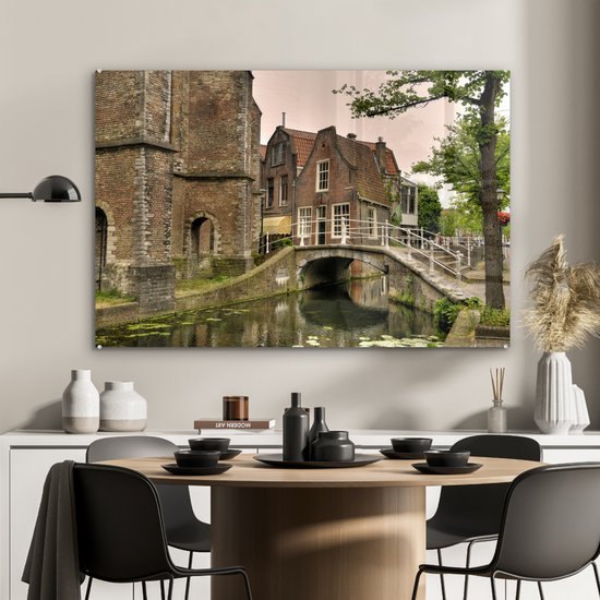 MuchoWow® Peinture sur verre 90x60 cm - Peinture sur verre acrylique - Pont - Water - Delft - Photo sur verre - Peintures