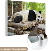 MuchoWow® Glasschilderij 90x60 cm - Schilderij acrylglas - Panda - Bamboe - Slapen - Balken - Foto op glas - Schilderijen